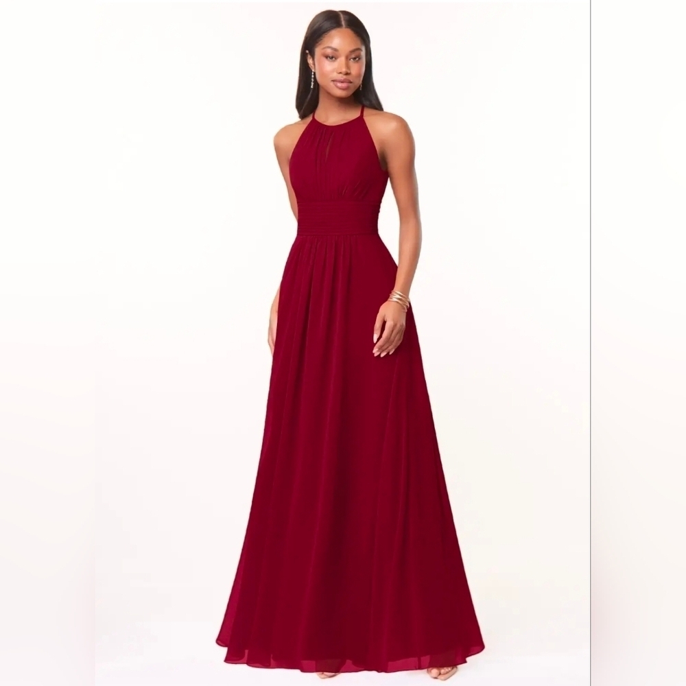 Azazie Bonnie Burgundy A-Line Keyhole Ruched Chiffon Bridesmaid Dress Size 0